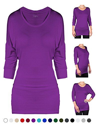 SEJORA 3/4 Sleeve Dolman Tunic Top - Crew Neck Long Shirt - Many Colors & Sizes (Large, Purple)