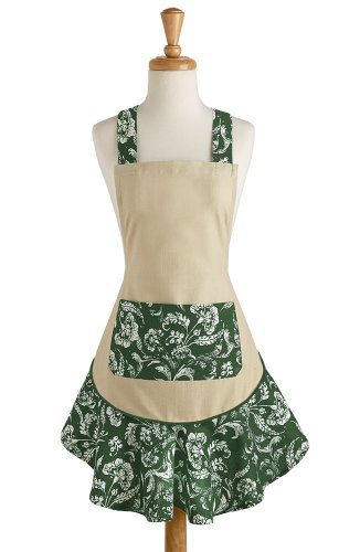 DII 100% Cotton, Acanthus Ruffle Floral Kitchen Apron With Adjustable Neck & Waist Ties, Fashion Chef Apron Is Machine Washable With Pockets, Can Be Used For Embroidery, Perfect for Cooking, Baking, Crafting & More - Dark Green