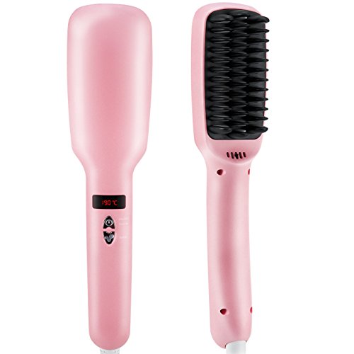Amir® Hair Straightener Brush with PTC heating + Anion Hair Care, No Damage, Instant Magic Silky Straight Hair Styling, Anti Scald Teeth, Anti-Static, Excellent for Detangling Hair - pink