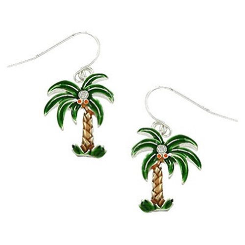 Adorable Silver Tone Tropical Green and Brown Enamel Palm Tree Charm Dangle Earrings with Crystal Accent