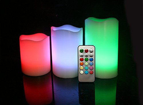 Real Wax Electric Flameless Candle Pillars, Multicolor Flickering LED Flame with Remote Control and Timer (Set of Three)