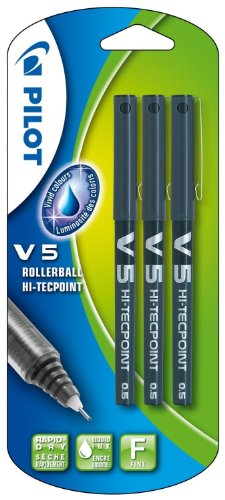 Pilot V5 Liquid Ink Rollerball Pen, 0.5 mm Tip - Black, Pack of 3