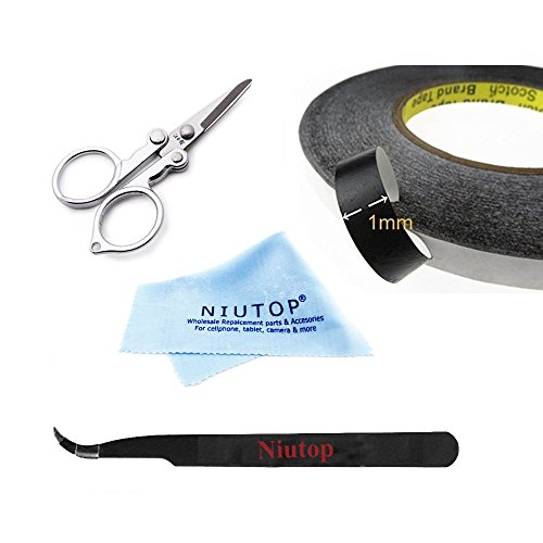 NIUTOP Adhesive Sticker Double Sided Tape Sticky Glue Tape 1mm Wide 50M long with Tool Set Kits Tweezers Cleaning Clotch Scissors for iPhone 6 iPhone 6 plus iPhone 5 5S 5C 4S 4 iPad Air iPad Mini iMac Macbook Samsung Galaxy S5 S4 S3 S2 i9300 i9500 Note 3 Note 2 HTC One M7 M8 Moto X Google Nexus 4 5 6 7 9 10 LG Optimus G2 G3 SAMSUNG GALAXY Tab ASUS DELL Huawei Xiaomi Lenovo HP Acer Sony Nokia Blu blackberry Android Tablet Pc Laptop Computer Smartphones GPS Gopro Hero Camera PSP NDS LCD Display Touch screen Digitizer Glass housing cover Repair Fix + 1 pair of Tweezers 1 Cleaning Clotch and 1 pair of Special Scissors for Free (1mm Black)