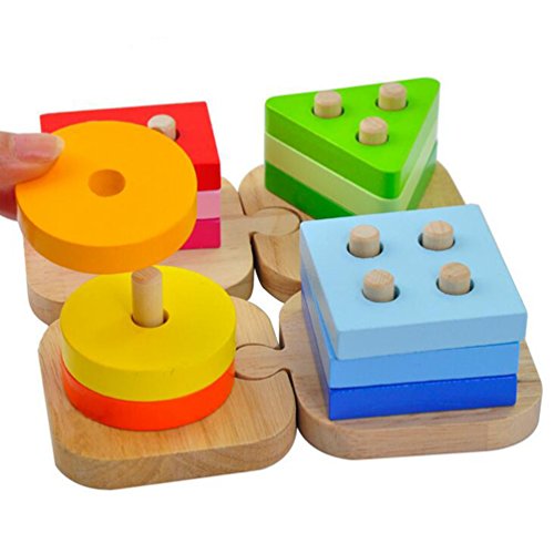 ACOOLTOY Beech Wooden Geometric Stacker Shape Sorter Column Puzzle Building Block Set Early Learning for Kids 18 months to 3 Years Old
