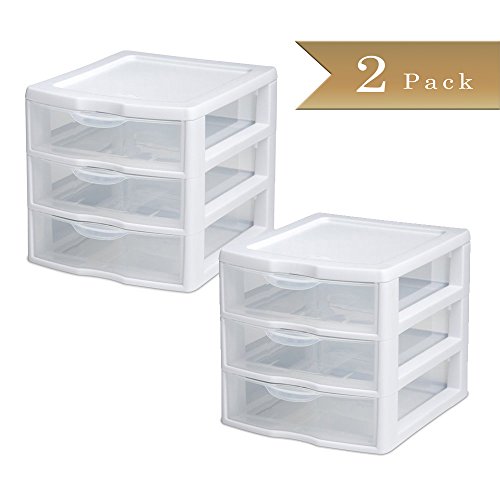 (Set of 2) Stackable Mini 3-Drawer Storage Units - White Frames with Clear Drawers - 8-1/2 X 7-1/4 X 6-7/8