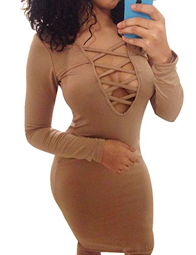 Allegrace Women Sexy Long Sleeve Autumn Warm Stretch Bodycon Party Bandage Dresses S Coffee