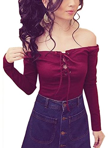 Blooming Jelly Women's Front Lace Up Off Shoulder Long Sleeve Tops
