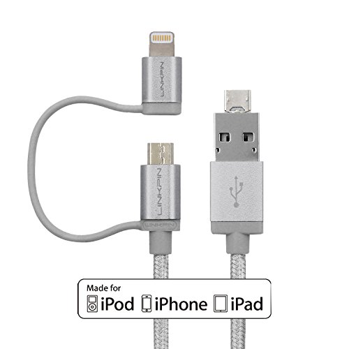 [Apple Mfi Certified] LINKPIN 2-in-2 Android 3ft/1.2M Lightning 8pin & Micro USB to USB & Micro USB SYNC braided Cable Charger Cord for Apple iPhone 6,6s & Android phone with 2 Years Warranty(Grey)