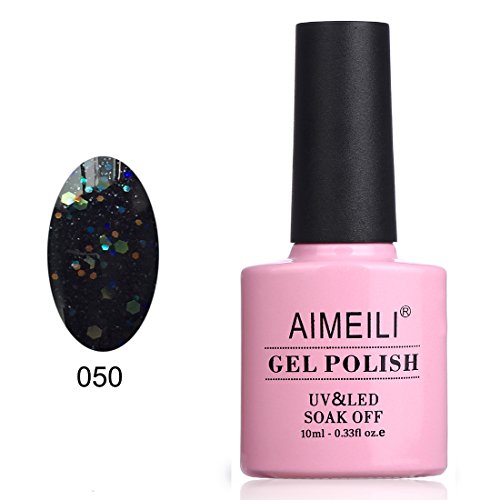 AIMEILI Soak Off UV LED Gel Nail Polish - Black Diamond Glitter (050) 10ml