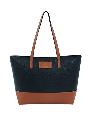 Women's Grain Leather Classic Splicing Business Tote Shoulder Bag Black+brown