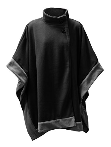 LL Contrast Hem Winter Fleece Open Front Button Poncho Shawl Wrap Coat (Black)