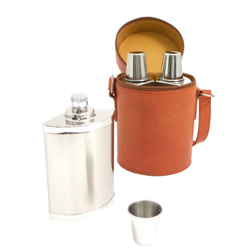 Barware Flask Set is in a 6 piece Bar Set Containing: 3 -14oz Stainless Steel Flasks with 3 Cups in Brown Leather Case