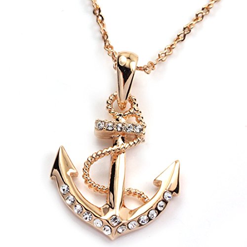 FC 18k Rose Gold GP Diamante Crystal CZ Pendant Nautical Anchor Necklace