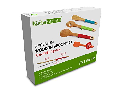 Küche Kitchen® Premium 3+1 No Mess elevated wooden spoon set with soft touch silicone handles. No more dirty kitchen counters. Free Silicone Spatula included