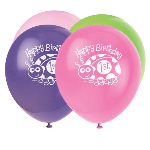 12 Latex Pink Ladybird 1st Birthday Balloons, Pack of 8