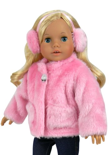 18 Inch Doll Clothes Pink Fur Coat & Earmuff/Headband fits 18 Inch American Girl Dolls & More, Jeweled Fur Coat in Pink & Headband/Earmuffs