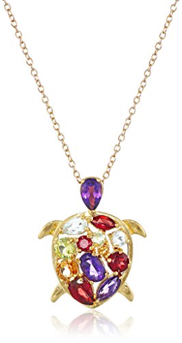 18k Yellow Gold Plated Sterling Silver African Amethyst, Garnet, Sky Blue Topaz, Citrine and Peridot Turtle Pendant Necklace, 18