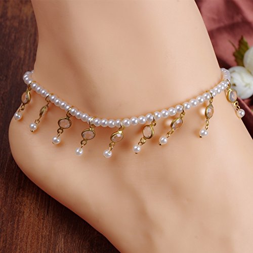 Hot Fashion Retro Sweet Pearl Beaded Crystal Stretch Anklet 1PCS