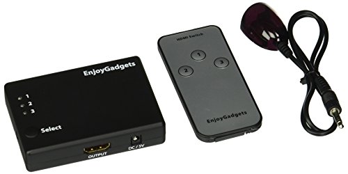 EnjoyGadgets 3-Port HDMI Switch (Switcher Selector), 3 In 1 Out, Support 3D, Remote Control, Auto Switching, 1080p