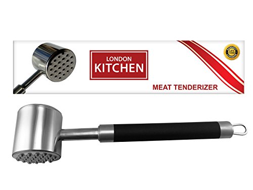 Meat Tenderizer - 18/10 Stainless Steel with Ergonomic Non Slip Grip - Dishwasher Safe - Hanger Loop for Easy Storage - By London Kitchen