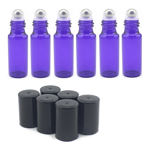 Mavogel 5ml Glass Roller Bottles--Set of 6 with With Metal Ball for Essential Oil,Aromatherapy,Perfumes and Lip Balms,Violet Colored