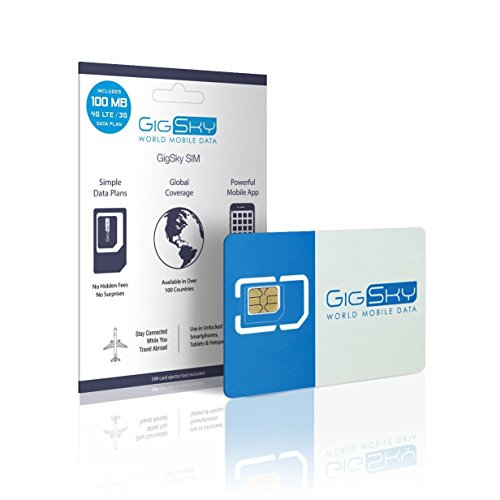 GigSky SIM Card with 4G LTE/3G 100MB Mobile Data Plan for International Travel using Unlocked iPhone, iPad, Android phones and tablets