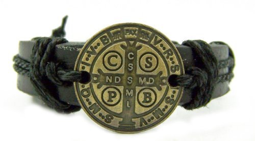 Catholic Patron Saint St Benedict Bronze Color Metal Exorcism Medal Black Leather Bracelet