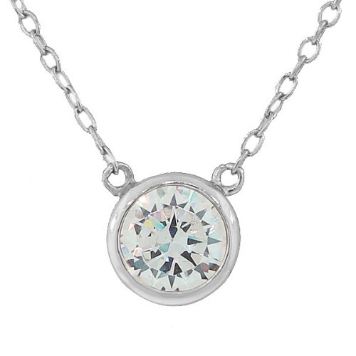 925 Sterling Silver Solitaire Bezel-Set White CZ Pendant Necklace with Chain