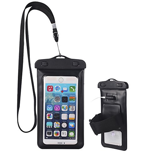 Universal Waterproof Case Dry Bag Pouch for iPhone 6, 6s Plus, Galaxy S6 Edge w/ Armband & Audio Jack for Cell Phone up to 6 inches by Mini-Factory (Black)