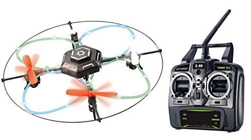 2.4GHz 4 CH RC Remote Control Quadcopter with 6 Axis Gyro for Stability. 4 Modes: Throw, Auto-Upright, Tumble, Fly. Flashing LED Light Tubes and Protective Metal Frame.