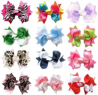 Ship From USA--HipGirl Boutique Girls Small 3 Spike Hair Bow Clips, Barrettes Value Pack