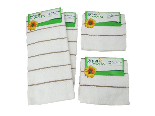 Green Works 6-Piece Kitchen Towel Set, White with Dune Stripe Accents