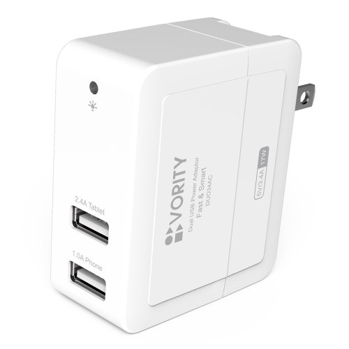 Vority Fast & Smart DUO34AC [White] Dual USB Wall Charger 3.4A/17Watts 2.4A/12W+1.0A/5W Universal Portable Travel AC Power Adaptor