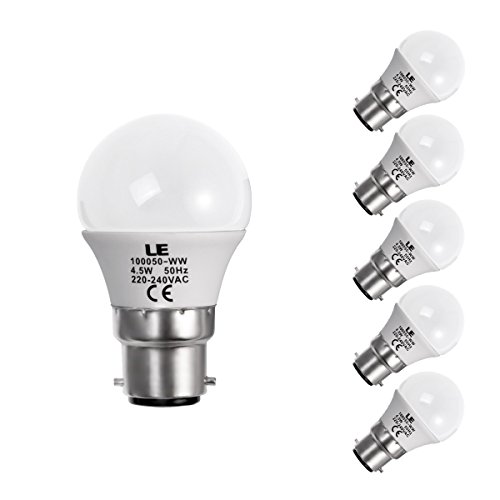 LE® 4.5W G45 B22 Bayonet LED Bulbs, 35W Incandescent Bulb Equivalent, 300lm, Warm White, 2700K, Golf Ball Bulbs, LED Light Bulbs, Pack of 5 Units