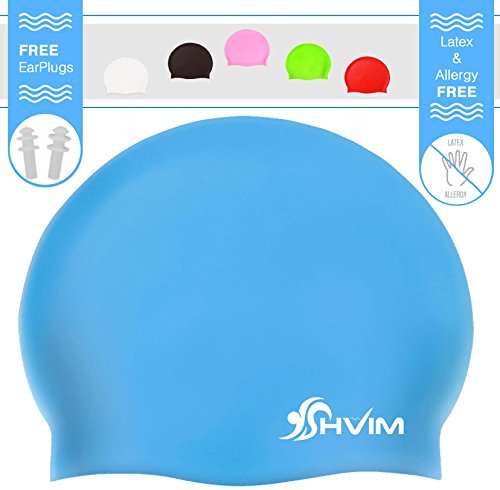Silicone Swim Cap - Allergy Free - Comfortable Fit Great for Long Hair and Short Hair - For Adults and Kids - Premium Thick Anti Rip Material - Includes Free Gift a Pair of Ear Plugs - Blue