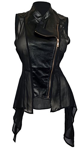 eVogues Plus Size Sleeveless Sheer and Faux Leather Panel Jacket Black