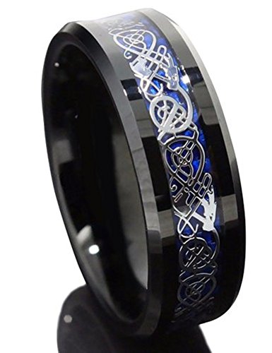 King Will 8mm Black Tungsten Carbide Ring Blue Carbon Fiber Silver Celtic Dragon Men Wedding Band