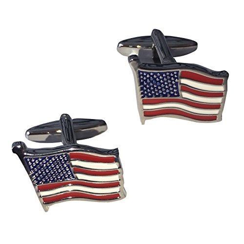 USA American Flag Patriotic Silver Men's Stainless Steel Cufflinks with Black Velvet Bag by TrendyLuz
