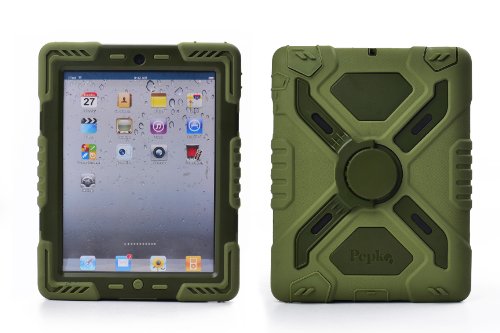 Pepkoo Ipad 2/3/4 Case Plastic Kid Proof Extreme Duty Dual Protective Back Cover with Kickstand and Sticker for Ipad 4/3/2 - Rainproof Sandproof Dust-proof Shockproof (Olive/olive)