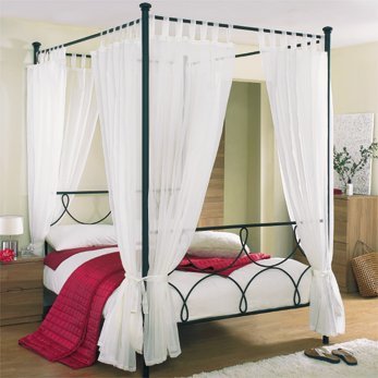 Tab Top Voile 4 Poster Bed Curtain Set. Includes 8 Voile Panels And 4 Tie Backs. Set in Cream.