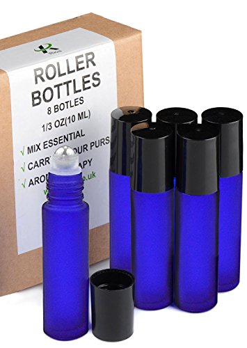 6 Blue Essential Oils Roller Bottles - FREE Recipe eBook for Roll-ons! - Useful for Aromatherapy - Mix with Fractionated Coconut, Jojoba, Almond and Other Carrier Oil - Solid Blue Glass (Not Painted)