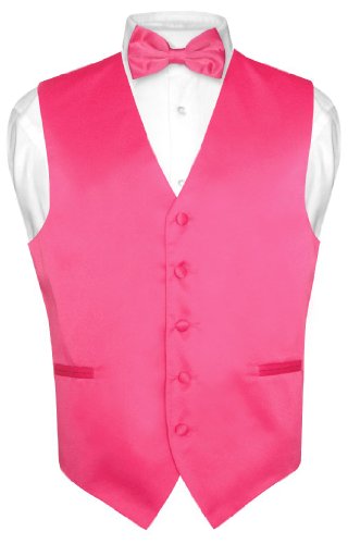 Men's Dress Vest & BowTie Solid HOT PINK FUCHSIA Color Bow Tie Set for Suit Tux