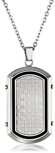 Men's Stainless Steel Woven Texture Black Resin Accent Dog Tag Pendant Necklace, 22
