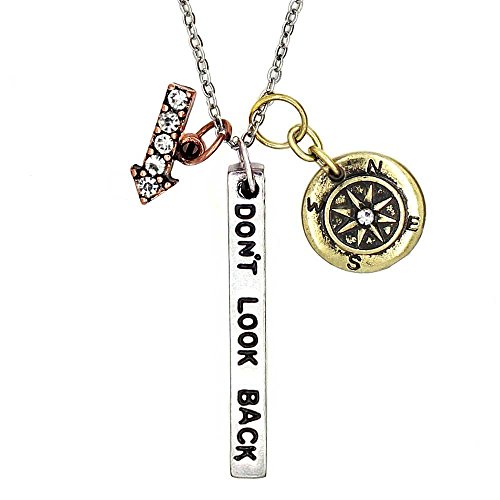 Simple Truths 'Don't Look Back That's Not Where You're Going' Pendant Necklace - Three Tone Charm Necklace With Crystal Arrow And Compass - Great Sports Fan Pendant Gift