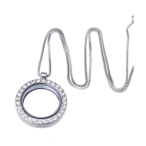 Miraclekoo Round Living Memory Locket Necklace Floating Locket Necklace (Silver & Clear Crystals)
