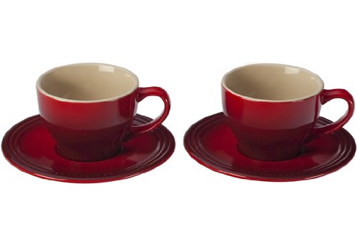 Le Creuset Stoneware Set of 2 Cappuccino Cups and Saucers, Cherry