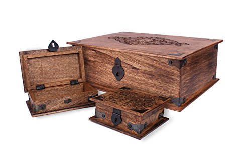 Exclusive Wooden Keepsake Boxes Set of 3 Jewelry Trinket Holder Organizers with Floral Carvings
