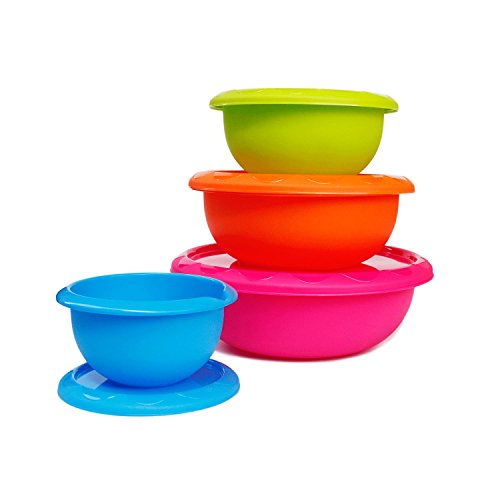 Honla Plastic Nesting Mixing Bowls with Lids-Set of 4-Multi Colored Serving Bowls with Pour Spout and Rimmed Handle-Cool Kitchen Tools for Meal/Food Prep,Salad,Baking,Cooking-Red/Green/Blue/Orange