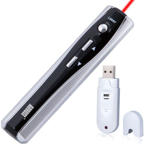 August LP104R Wireless Presenter with Red Laser Pointer - Cordless Powerpoint Slide Changer for Presentations - Remote Control Range: 15m - Battery Powered (2xAAA Inc.)
