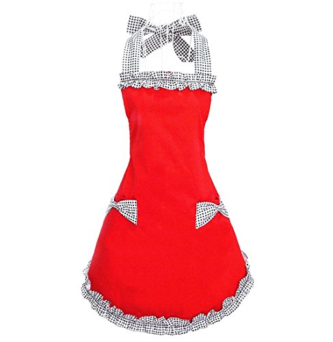 Hyzrz Hot Cute Red Cotton Women Aprons Fashion for Girls Vintage Home Cooking Retro Beautiful Apron with Pockets
